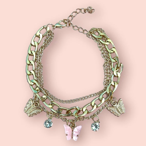 Pink Pearl / Gold Butterfly Bracelet